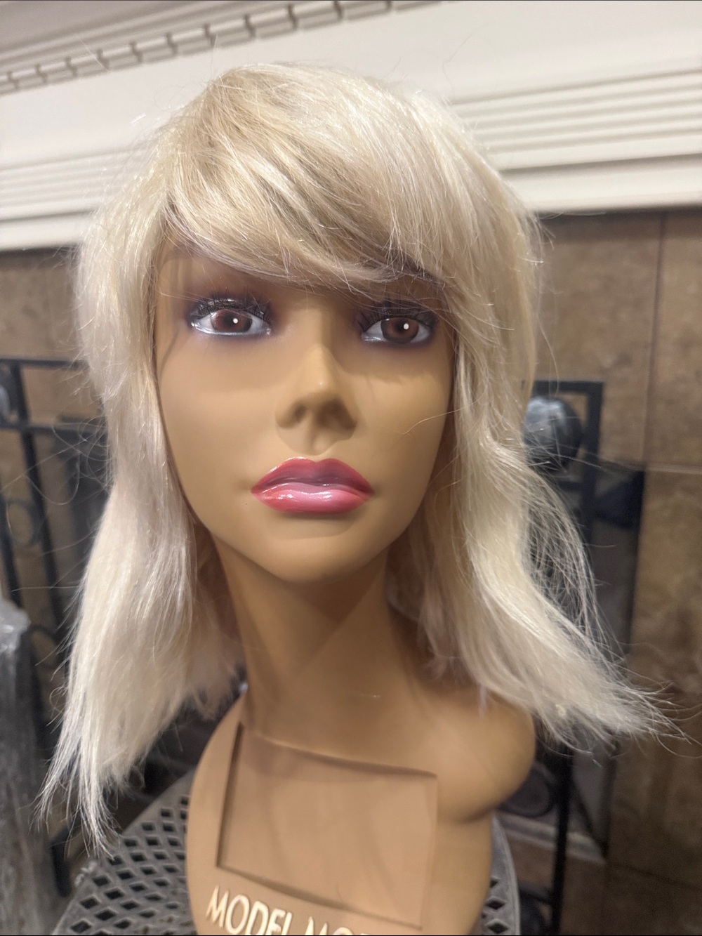 Blonde Human Hair Women's Wig with Side-Swept Bangs - Unbranded